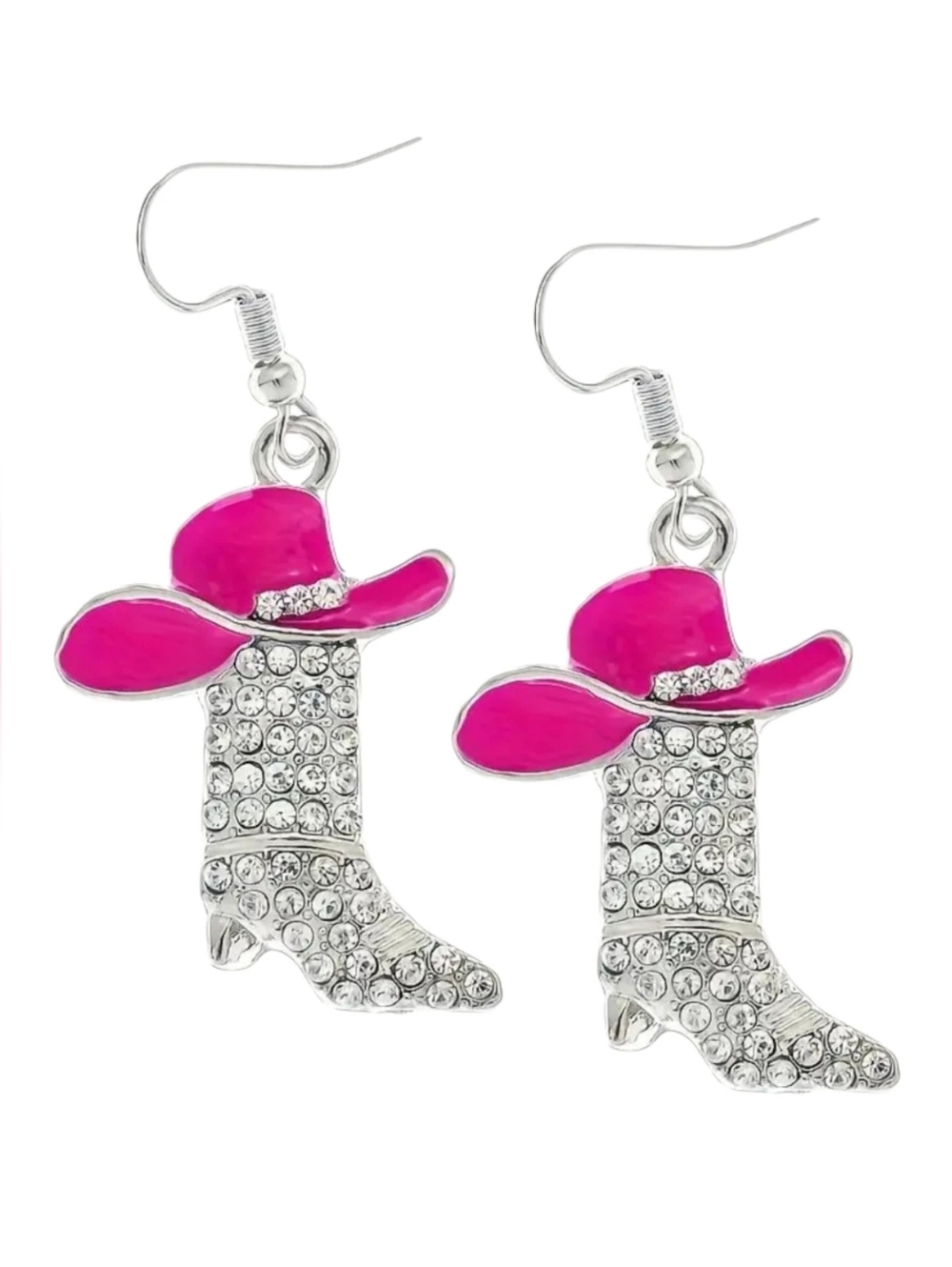 Cowgirl Boot and Hat Dangle Earrings - Pink- 925 Sterling Silver